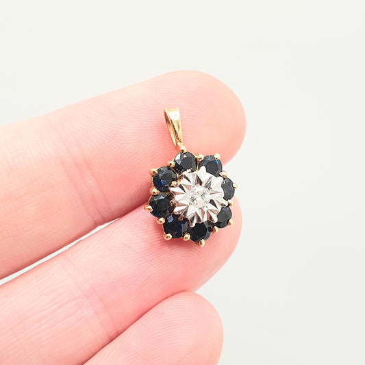 Vintage 18ct Gold Sapphire & Diamond Pendant Cluster Necklace Halo Solid 750 18k 18kt Star Brilliant Cut Real Gemstone Jewellery Jewelry