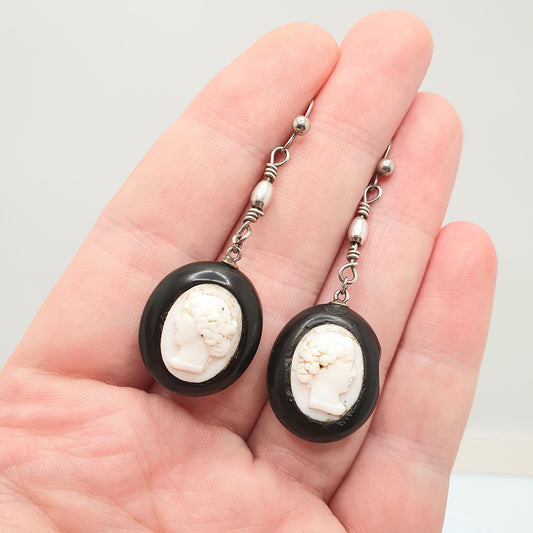 Antique Victorian Whitby Jet Earrings Cameo White Conch Shell Large Big Oval Pendulum Hook Dangle Drop Unique Vintage Jewelry Jewellery