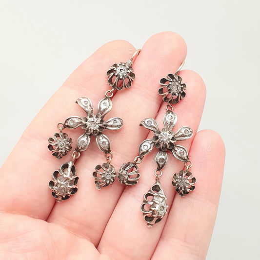 Antique Victorian 9ct Gold Diamond Earrings Solid Silver Old Mine Cut Hook Dangling Drop Chandelier Flower Cluster Vintage Jewelry Jewellery