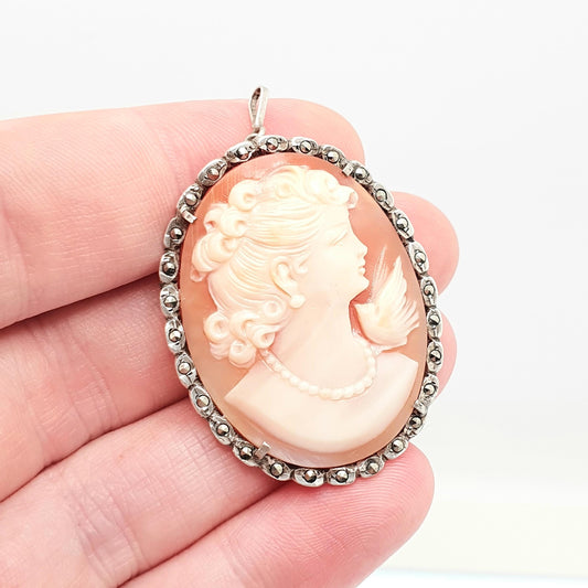Antique Solid Silver Bird Cameo Pendant Brooch Woman With Bird Genuine Shell 1920s Necklace Oval Italy Italian Womens Jewelry Jewellery
