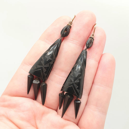 Antique Victorian Whitby Jet Tassel Earrings Pointed Hand Carved Chandelier Engraved Pendulum Hook Dangle Drop Vintage Jewelry Jewellery
