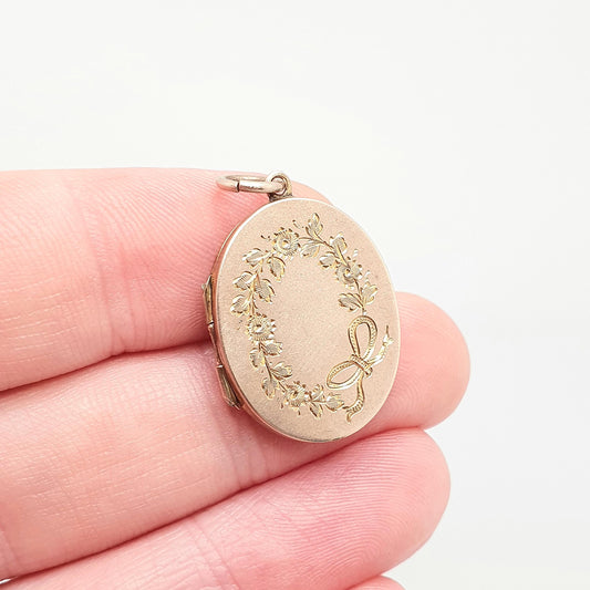 Antique 9ct Rose Gold Locket Bow Bird Engraved Solid 9k 375 Oval Pendant Fine Estate Gift Back & Front Necklace Jewelry Womens Jewellery