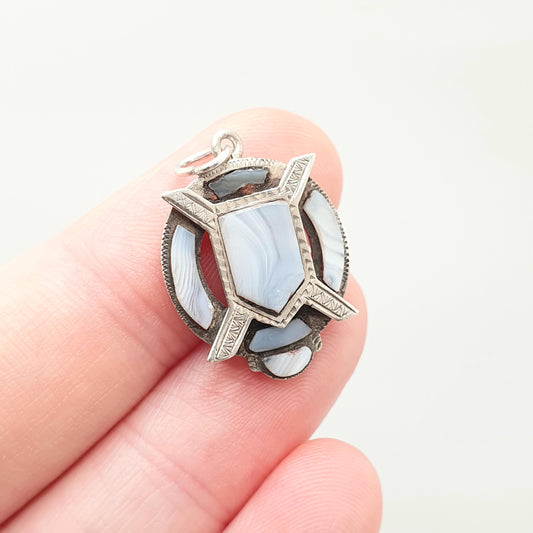 Antique Sterling Silver Scottish Pendant Necklace Montrose Lace Agate Victorian Shield Sword Charm 1800s Vintage Jewelry Jewellery