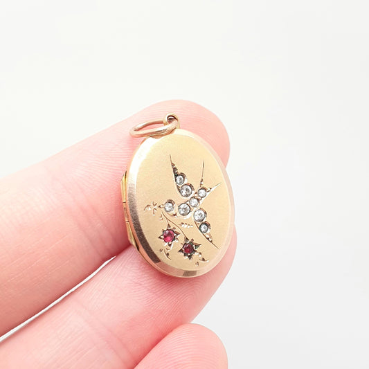 Antique 9ct 9k Gold Bird Locket Ruby Diamond Paste Oval Sparkly Cute Solid 375 Pendant Back Front Vintage Womens Jewelry Jewellery