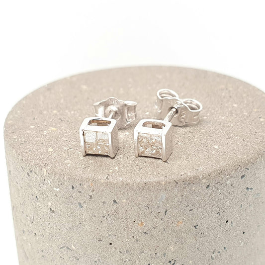 Vintage 9k 9ct Gold Diamond Earrings Square Cut Stud White Gold Solid 375 Natural Diamonds Gemstone Fine Womens Jewelry Retro Jewellery