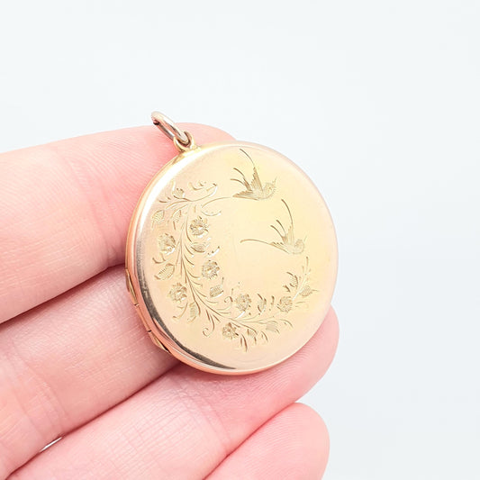 Antique 9ct Gold Bird Locket Solid 9k 375 Large Round Pendant Fine Estate Big Love Gift Back & Front Necklace Jewelry Womens Jewellery