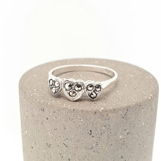Antique Solid Silver Heart Ring Marcasite Triple Love Hearts Pattern Art Deco 1920s Stacking Stacker Vintage Womens Jewelry Jewellery