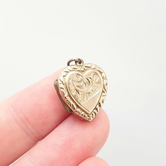 Antique 9ct Gold Heart Locket Small Cute Engraved Solid 9k 375 Pendant Fine Estate Love Gift Back & Front Necklace Jewelry Womens Jewellery