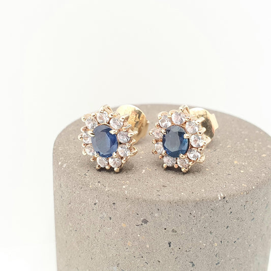 Vintage 18ct Gold Sapphire Earrings Solid 750 18k 18kt Cluster Halo Oval Cut Stud White Blue Gemstone Fine Estate Womens Jewelry Jewellery