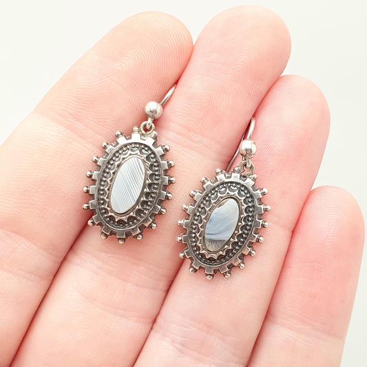 Antique Victorian Sterling Silver Scottish Earrings Montrose Lace Agate Hook Dangle Drop Fine Estate Scotland Womens Jewelry Jewellery