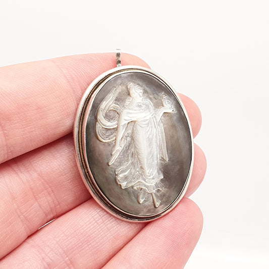 Old Vintage Grace Cameo Solid Silver Pendant Necklace Brooch Abalone Shell Hand Carved Shell Artisan European Jewelry Womens Jewellery