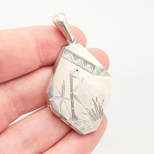 Antique Victorian Sterling Silver Locket Kite Diamond Shape 1880 Hallmark Pendant Picture Photo Reeds Etruscan Vintage Jewelry Jewellery