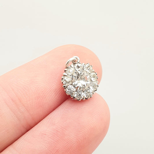 Antique Solid Silver Diamond Paste Pendant Cluster Necklace Small Tiny Flower Art Deco Shape Sparkly Glass Gemstone 1920s Vintage Jewelry