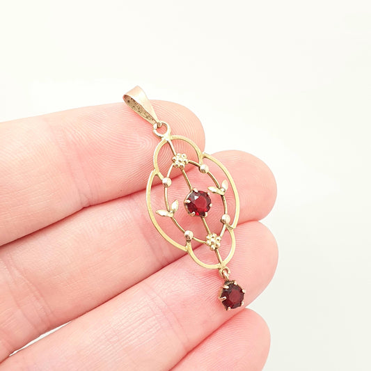 Antique 9ct 9k Gold Ruby Paste Pendant Flower Necklace Art Nouveau Solid 375 Edwardian Openwork Lavaliere Red Vintage Jewellery Jewelry