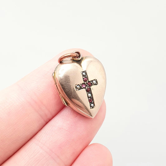 Antique 9ct 9k Gold Heart Locket Ruby Paste Seed Pearl Crucifix Victorian Solid 375 Rose Pendant Back Front Photo Vintage Jewelry Jewellery