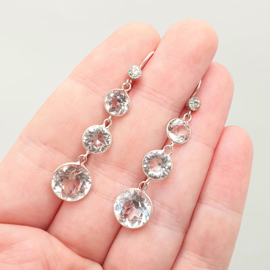 Antique Solid Silver Diamond Paste Earrings Art Deco Chandelier Dangling Drop Solid 935 Hanging Solitaire Vintage Jewelry Jewellery