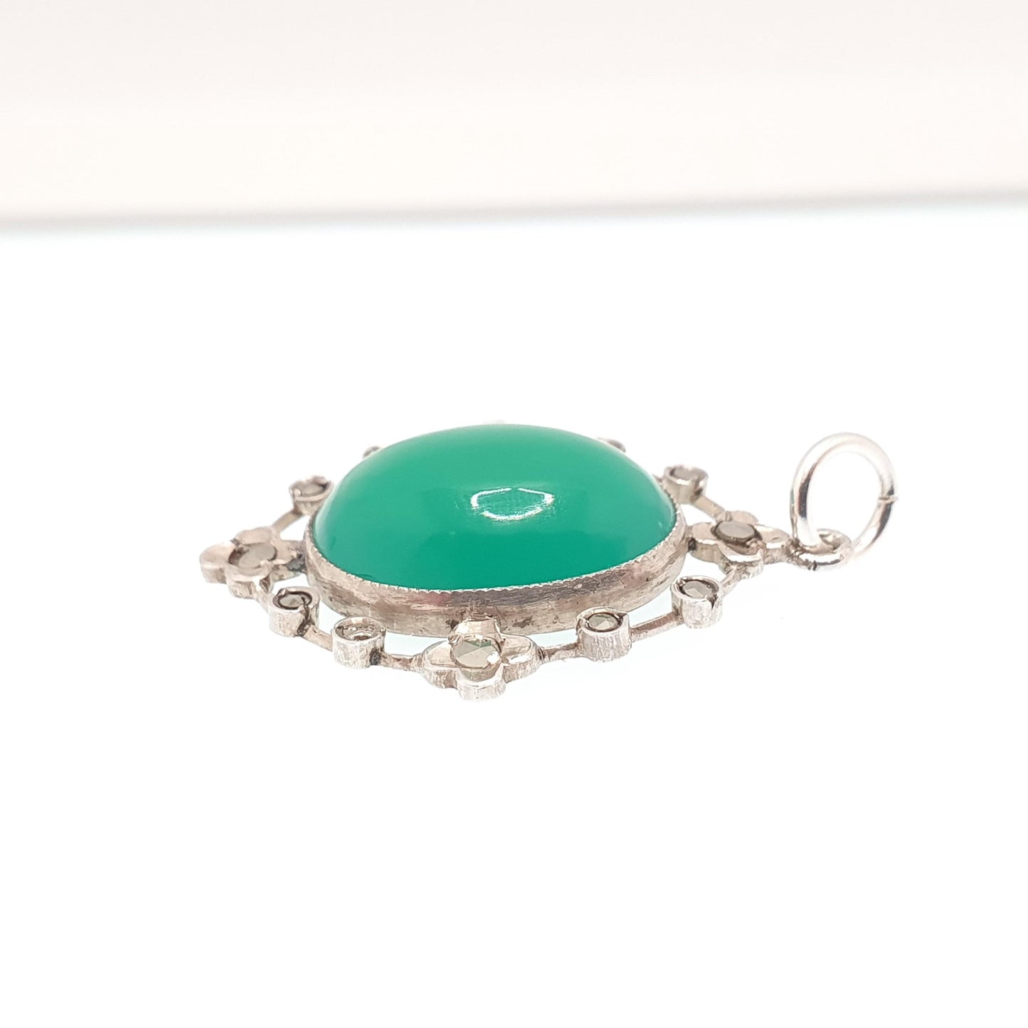 Antique Art Deco Chrysoprase Solid Silver Pendant Necklace Marcasite Oval Cabochon 1920s Vintage Gemstone Womens Ladies Jewelry Jewellery