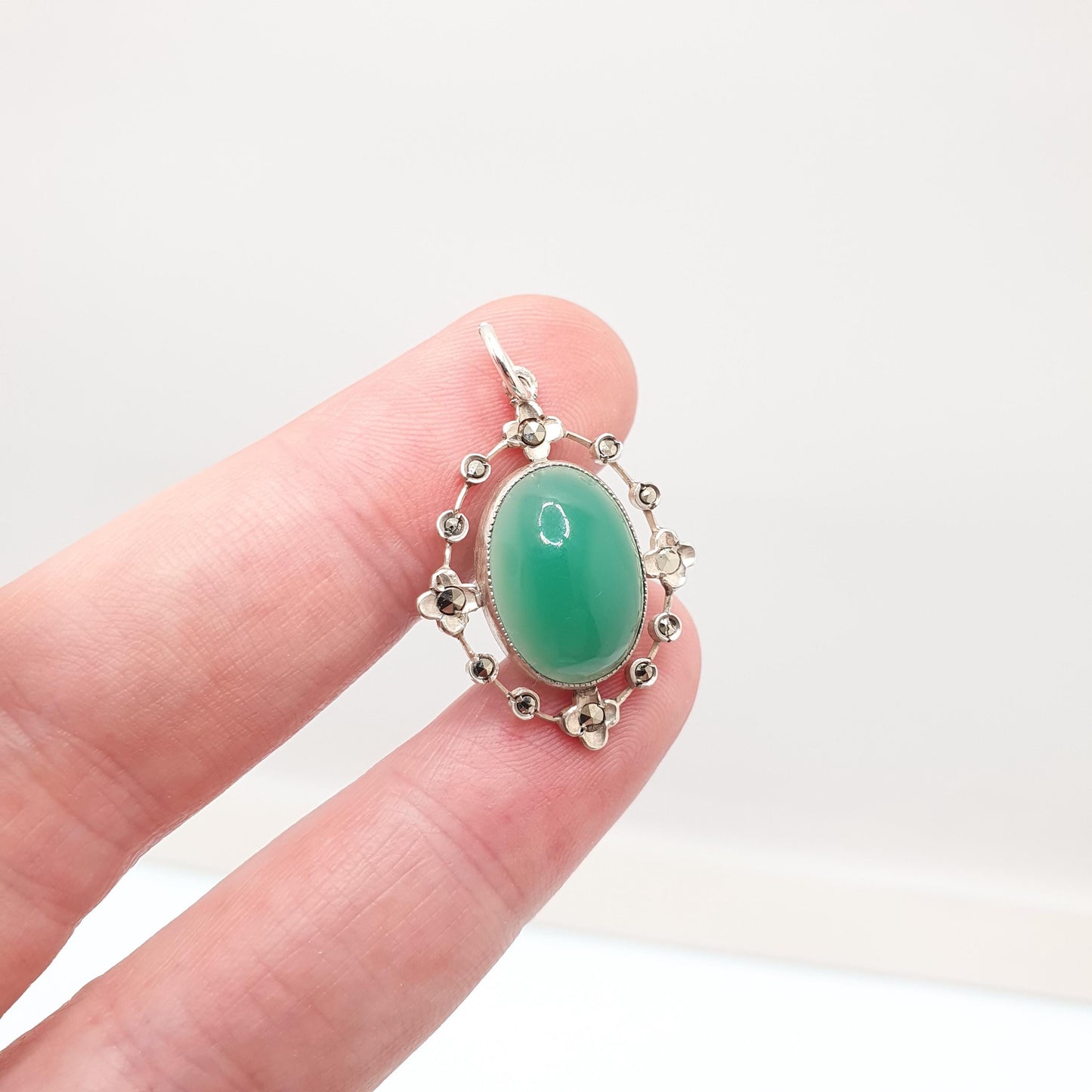 Antique Art Deco Chrysoprase Solid Silver Pendant Necklace Marcasite Oval Cabochon 1920s Vintage Gemstone Womens Ladies Jewelry Jewellery