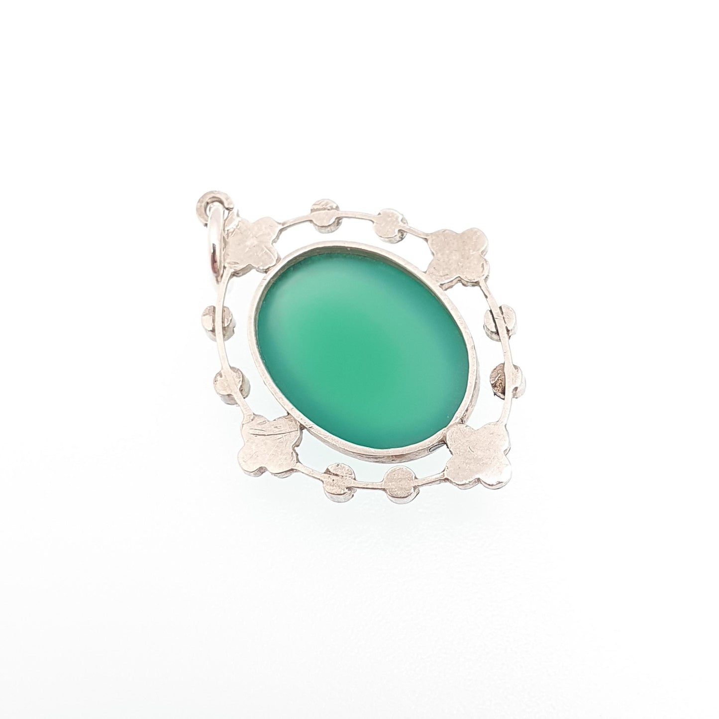 Antique Art Deco Chrysoprase Solid Silver Pendant Necklace Marcasite Oval Cabochon 1920s Vintage Gemstone Womens Ladies Jewelry Jewellery