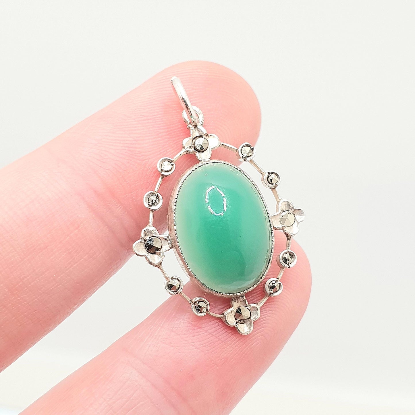 Antique Art Deco Chrysoprase Solid Silver Pendant Necklace Marcasite Oval Cabochon 1920s Vintage Gemstone Womens Ladies Jewelry Jewellery