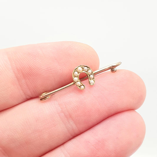 Antique 9k 9ct Gold Horseshoe Brooch Seed Pearl Victorian Pin Solid 375 Rose Gold Horse Riding Good Luck Lucky Jewelry Jewellery Vintage