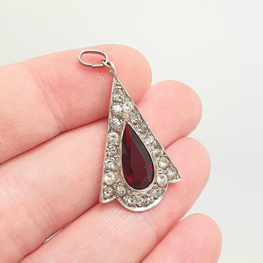 Antique Solid Silver Garnet & Diamond Paste Pendant Arrow Necklace Victorian Pointed V Fine Estate Sparkly 1800s Vintage Jewellery Jewelry