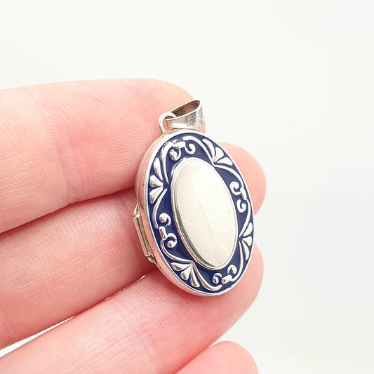 Vintage Sterling Silver Enamel Locket Blue Oval Solid 925 Art Deco Style Pendant 1980s Photo Picture Womens Ladies Jewelry Jewellery