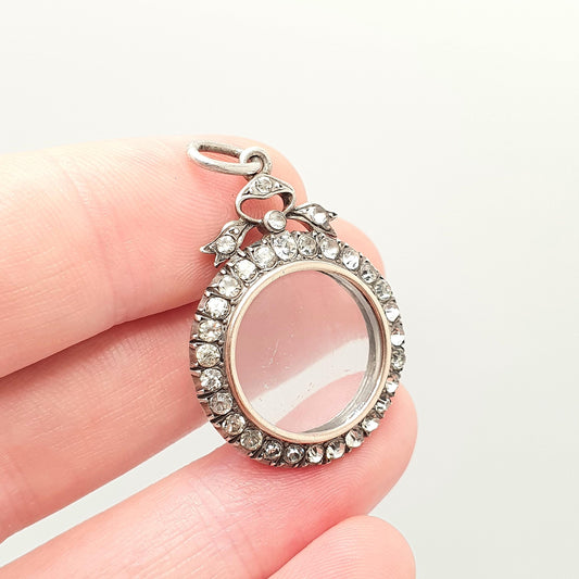 Antique Solid Silver Diamond Paste Locket Pendant Edwardian PARISIAN DIAMOND COMPANY Necklace Picture Photo Double Sided Womens Vintage