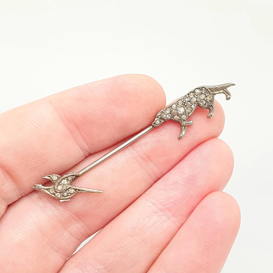 Antique Dog & Partridge Stick Pin Diamond Paste Brooch Pheasant Bird Hunting Art Deco Genuine Vintage Lapel Jacket Coat Gents Mens Jewelry