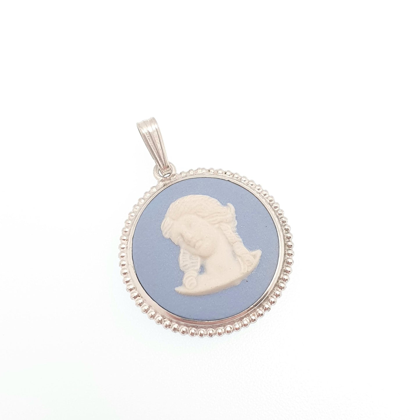 Vintage Sterling Silver Genuine Blue Wedgwood Necklace Pendant 1977 Authentic Josiah Wedgwood Lady Womens Ladies Jewelry Jewellery Retro