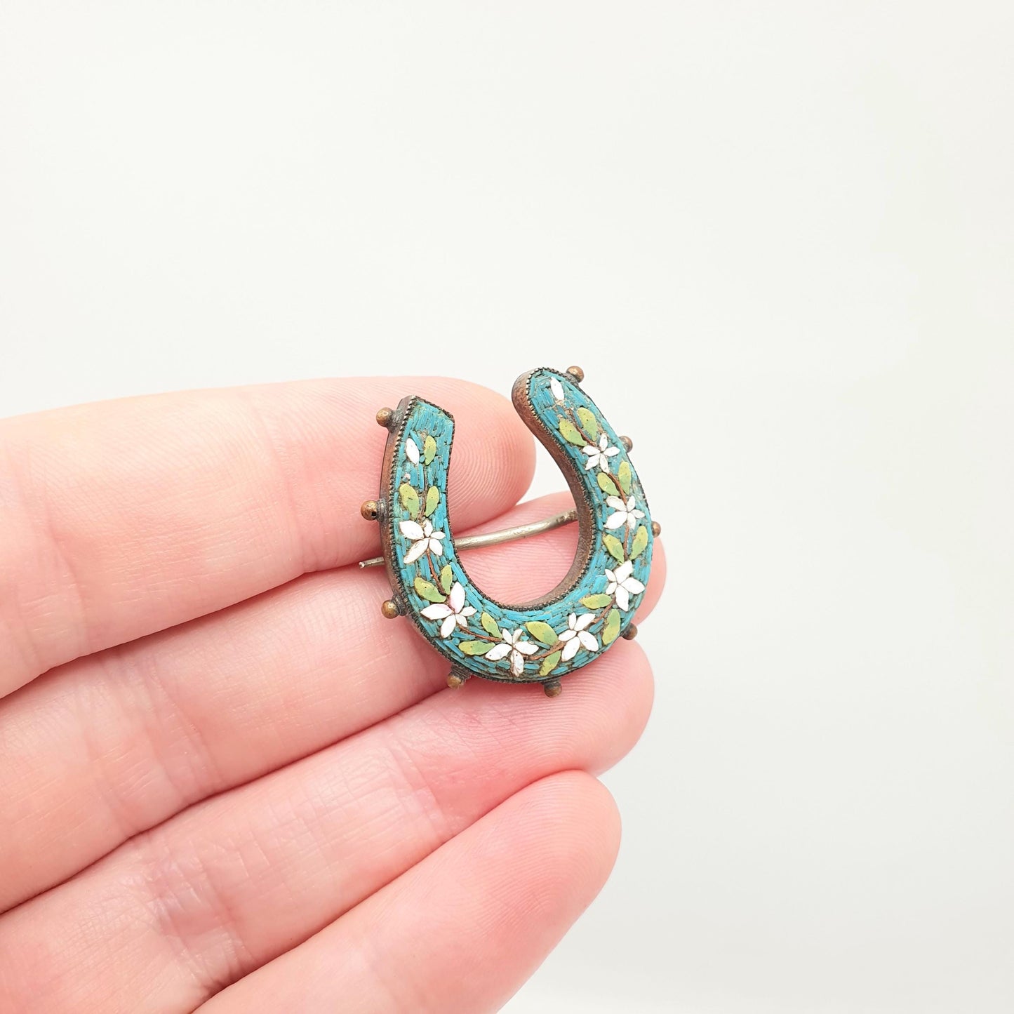 Antique Victorian Fine Micromosaic Horseshoe Brooch Micro Mosaic Gold Gilt Lucky Horse Riding Genuine Italian Vintage Jewelry Jewellery