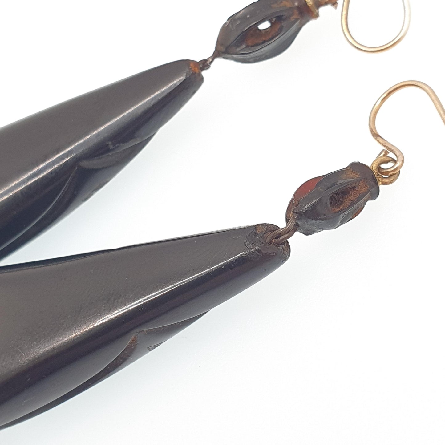 Antique Victorian Whitby Jet Tassel Earrings Pointed Hand Carved Chandelier Engraved Pendulum Hook Dangle Drop Vintage Jewelry Jewellery