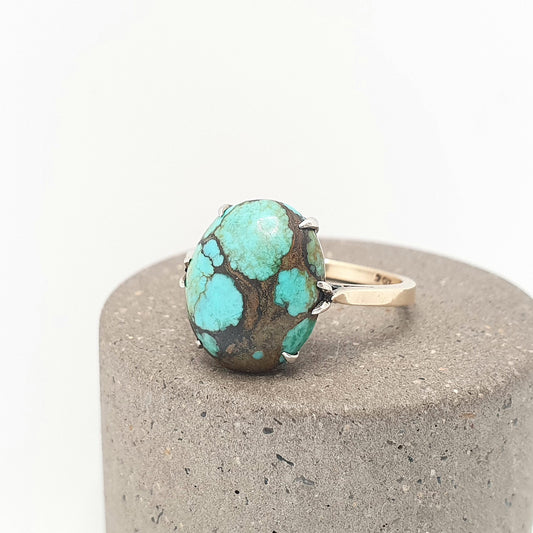 Antique Turquoise Gold Ring Solid 9ct 9k 9kt Natural Matrix Gemstone Signet Big Large Oval Vintage Womens Ladies Jewelry Jewellery