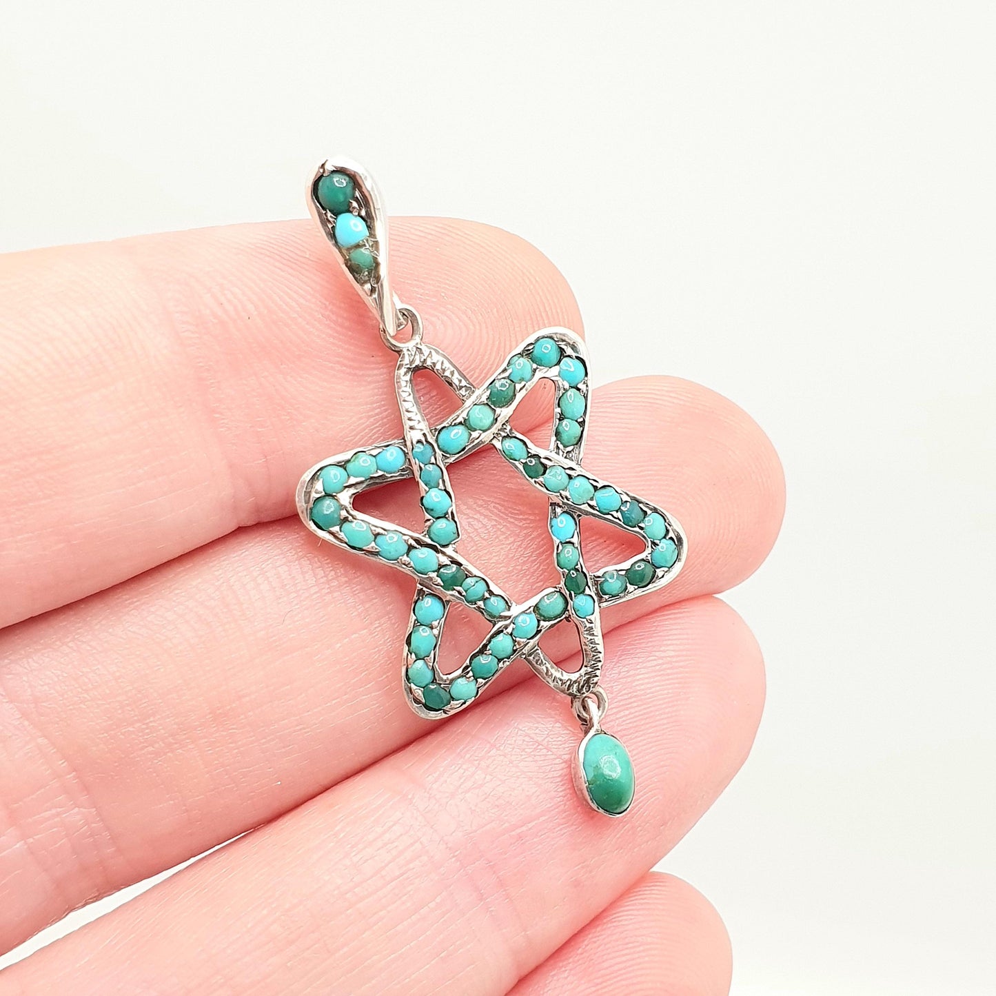 Antique Solid Silver Turquoise Star Pendant Necklace Victorian 6 Point Star Celestial Hanging Drop Natural Gemstone Womens Jewellery Jewelry