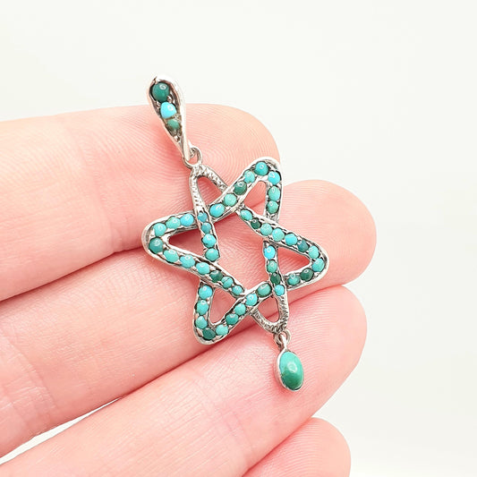 Antique Solid Silver Turquoise Star Pendant Necklace Victorian 6 Point Star Celestial Hanging Drop Natural Gemstone Womens Jewellery Jewelry