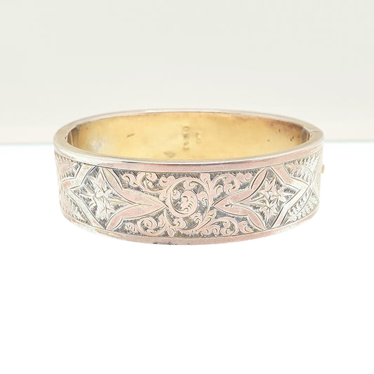 Antique Victorian Sterling Silver Snap Bracelet Bangle 1885 Hallmarked 21.78g Gold Vermeil Hand Engraved Solid 925 Vintage Jewelry Jewellery