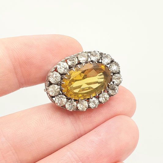 Antique Victorian Solid Silver Citrine Paste Brooch Diamond Paste Cluster Halo Heart Border Large Big Oval Cut Vintage Jewelry Jewellery