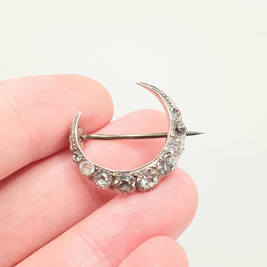 Antique Crescent Moon Solid Silver Brooch Victorian Diamond Paste Foiled Backs Sparkly Celestial Jewelry Jewellery Vintage Moons Pastes