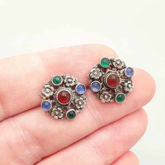 Antique Solid Silver Austro Hungarian Earrings Carnelian Chrysoprase Blue Chalcedony Stud Art Nouveau Vintage Womens Jewelry Jewellery