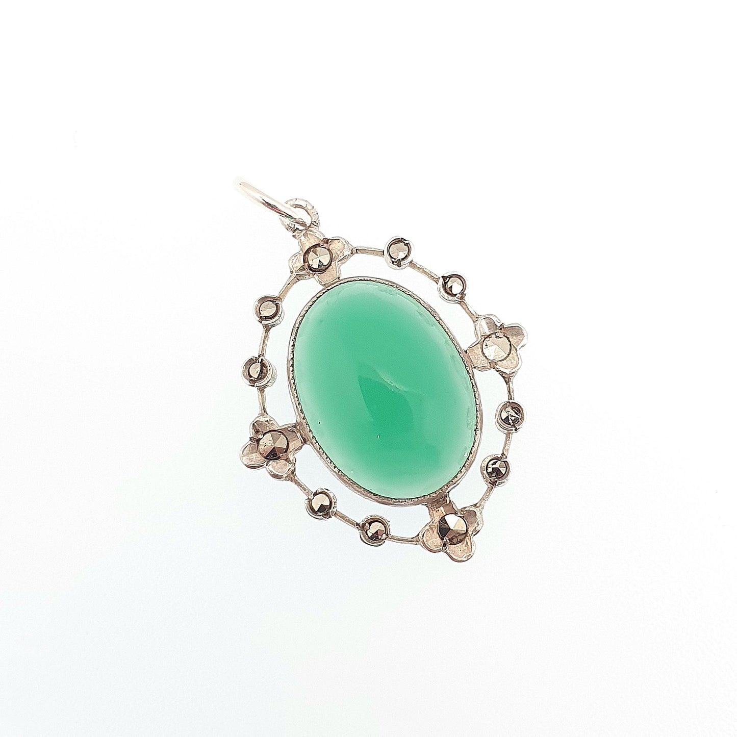 Antique Art Deco Chrysoprase Solid Silver Pendant Necklace Marcasite Oval Cabochon 1920s Vintage Gemstone Womens Ladies Jewelry Jewellery