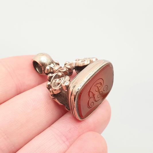 Antique Victorian Rolled Gold Fob Pendant Large Carnelian Intaglio Necklace Big Gemstone Gold Filled Albert Seal Vintage Jewellery Jewelry