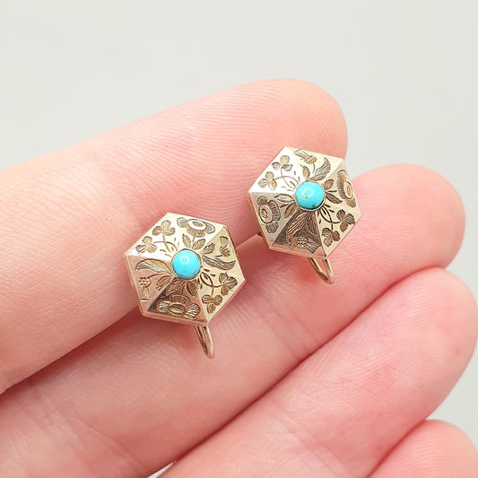 Antique Victorian 9ct Gold Turquoise Earrings Thistle Flower Engraved Hexagon Etruscan Solid 9k 375 1800s Vintage Jewelry Womens Jewellery