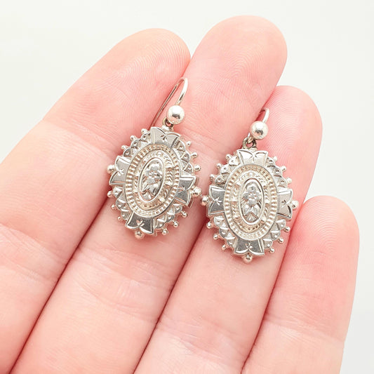 Antique Solid Silver Victorian Earrings Etruscan Centre Hook Dangle Aesthetic Drop Genuine 1800s Womens Vintage Jewelry Jewellery