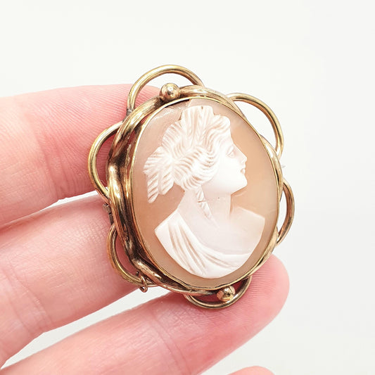 Antique Victorian Cameo Brooch Pin Gold Gilt Real Shell Ornate Border Vintage Knot 1800s European Italy Lady Figure Jewelry Womens Jewellery