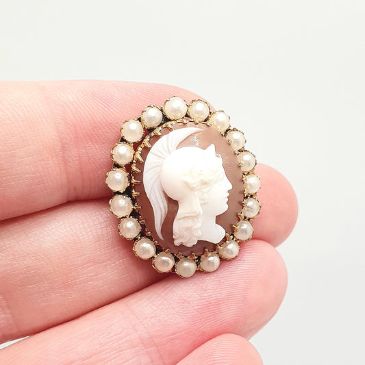 Antique Victorian Athena Cameo Brooch Seed Pearl Border Rolled Gold High Relief Hand Carved Shell Italian 1800s Vintage Jewelry Jewellery