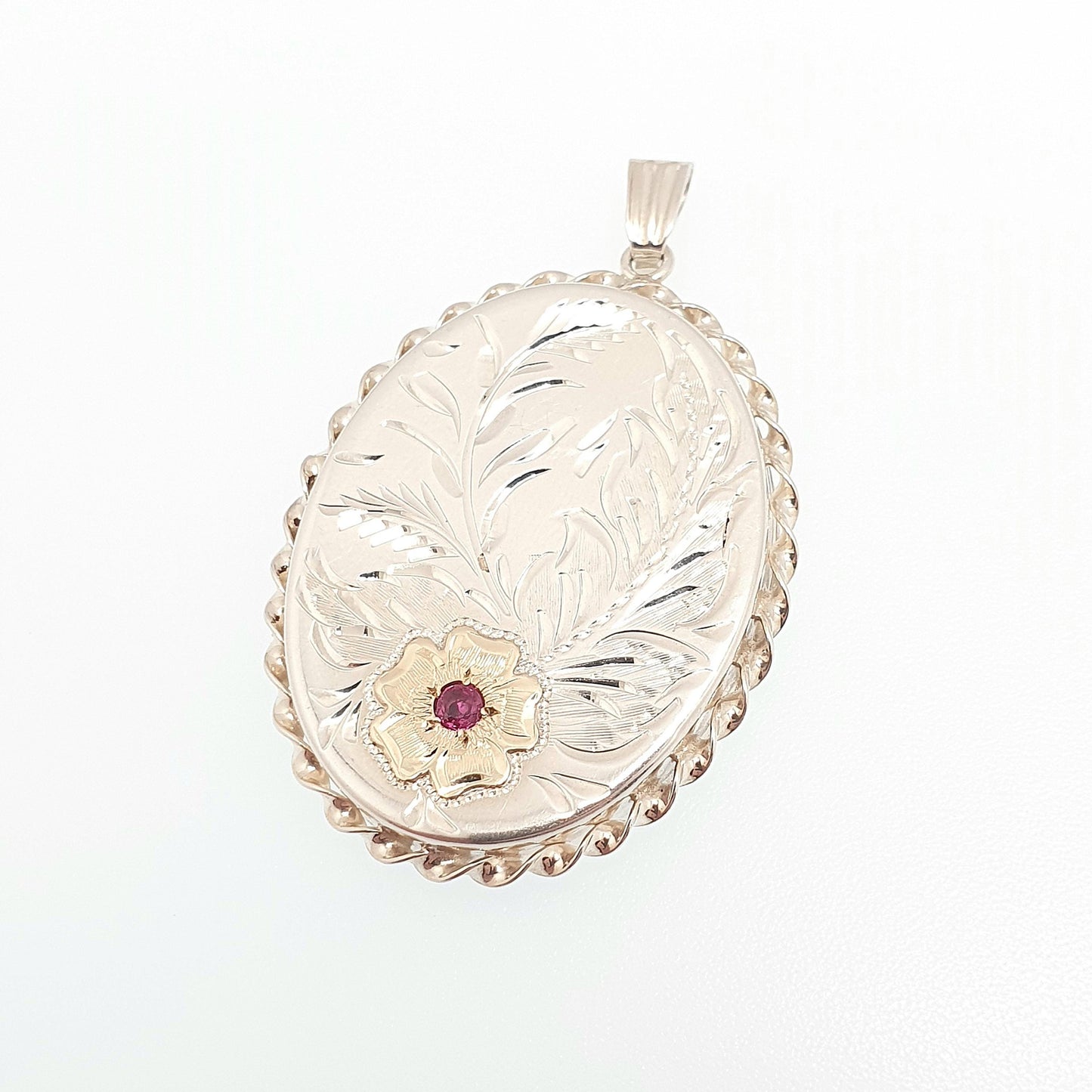 Vintage Sterling Silver Ruby Locket Pendant Necklace Large Oval Flower Gold Highlight Hallmarked Gemstone Picture Photo Jewelry Jewellery