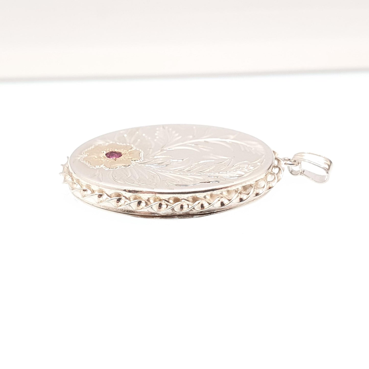 Vintage Sterling Silver Ruby Locket Pendant Necklace Large Oval Flower Gold Highlight Hallmarked Gemstone Picture Photo Jewelry Jewellery