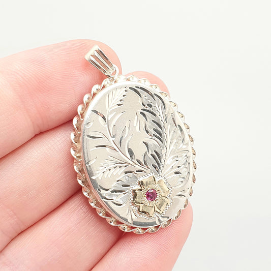 Vintage Sterling Silver Ruby Locket Pendant Necklace Large Oval Flower Gold Highlight Hallmarked Gemstone Picture Photo Jewelry Jewellery