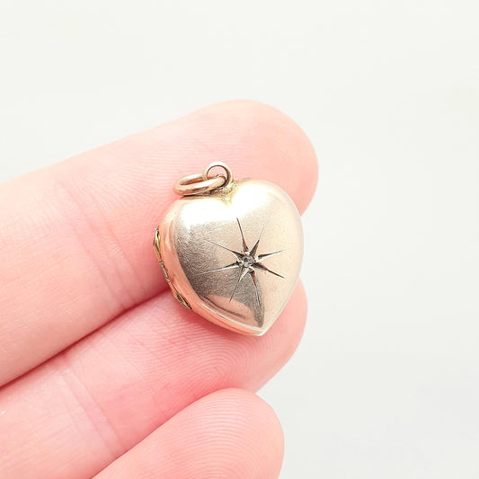 Antique Diamond Heart Locket 9ct 9k Gold Pendant Star Engraved Solid 375 Fine Estate Back & Front Necklace Jewelry Womens Jewellery
