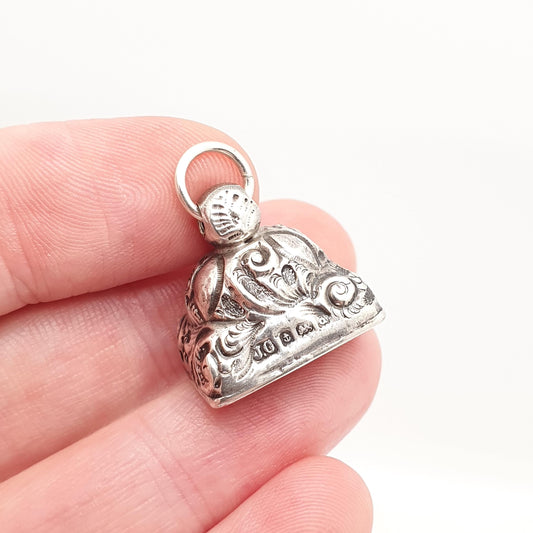 Antique Sterling Silver Seal Fob Pendant Necklace White Chalcedony 1903 Hallmark Gemstone Chunky Chased Vintage Womans Jewellery Jewelry